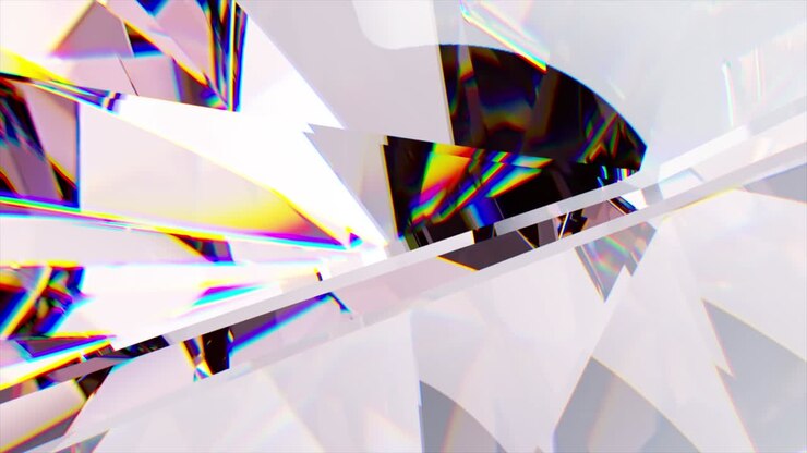 Sfaccettature iridescenti di un diamante bianco. Dispersione. Colore bianco rosa. Animazione 3D in loop continuo.