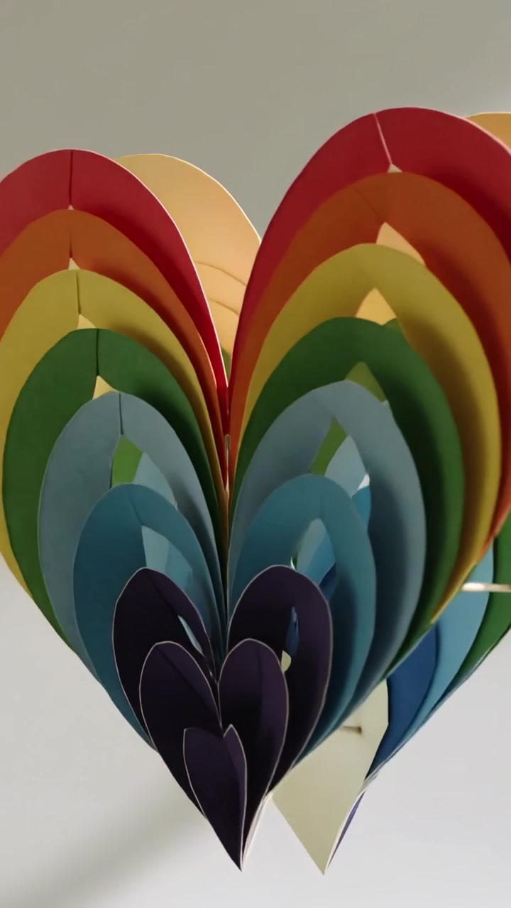 Vertical video: Panning camera layered heart mobile rotating to reveal wooden rods in room, rainbow