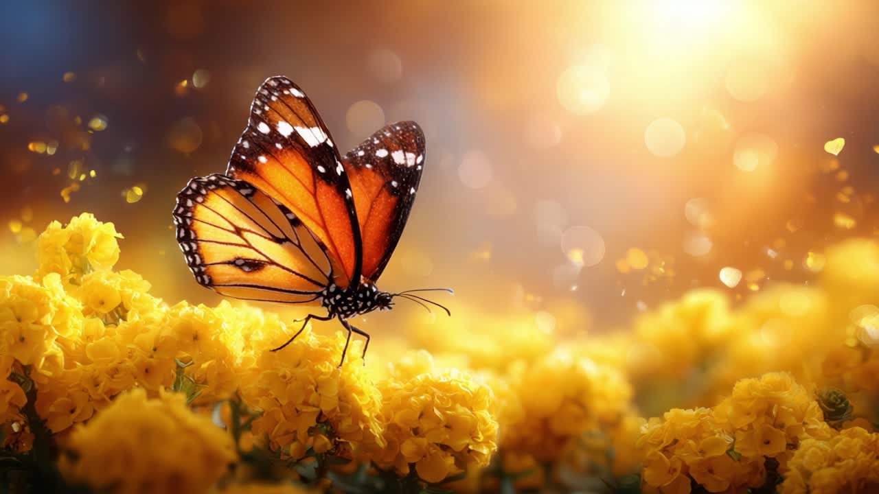 A Stunning Butterfly Resting on Bright Yellow Flowers, Radiating Beauty in a Warm, Sunlit Environment Surrounded by a Magical, Dreamy Background of Soft Bokeh Lights