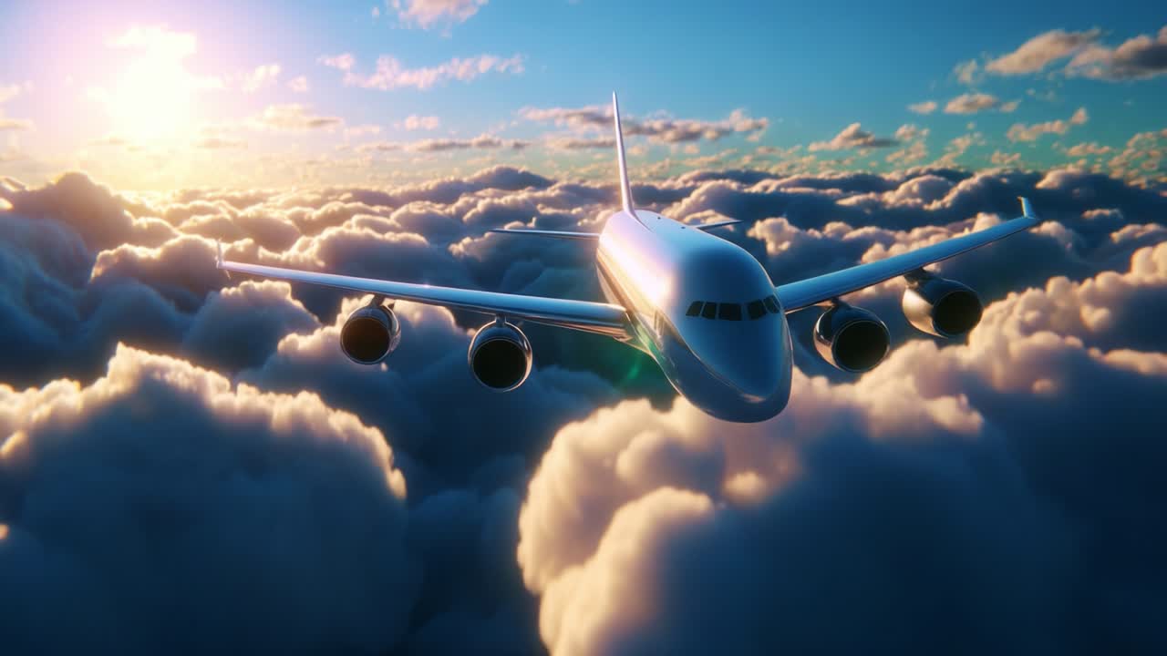 An Elegant Airplane Soars High Above the Clouds in a Breathtaking Sunset Sky Experience, Capturing the Serenity and Beauty of Air Travel in a Stunning Aerial Perspective
