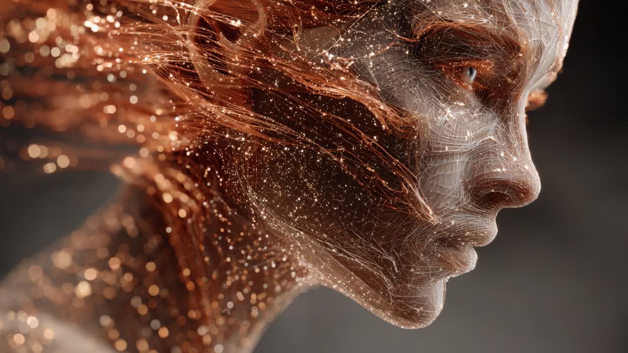 A mesmerizing exploration of ethereal beauty in an artistic digital form, showcasing a visage entwined with flowing strands of shimmering light and energy