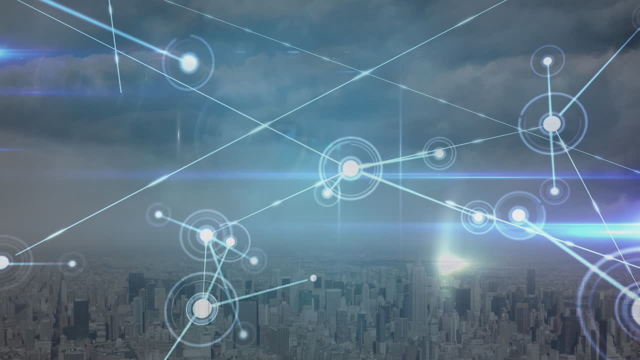 Animation of network of connections with icons over cityscape