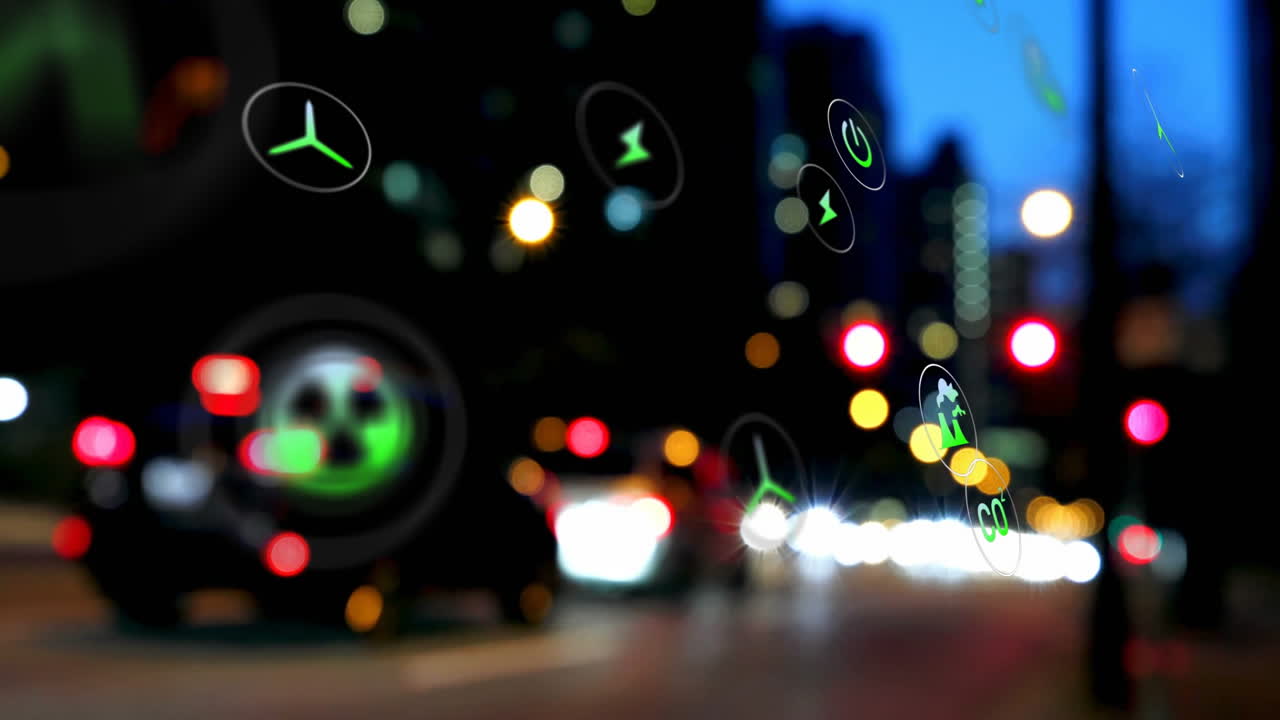 Urban street featuring moving cars with green energy and CO? icons floating across night skyline
