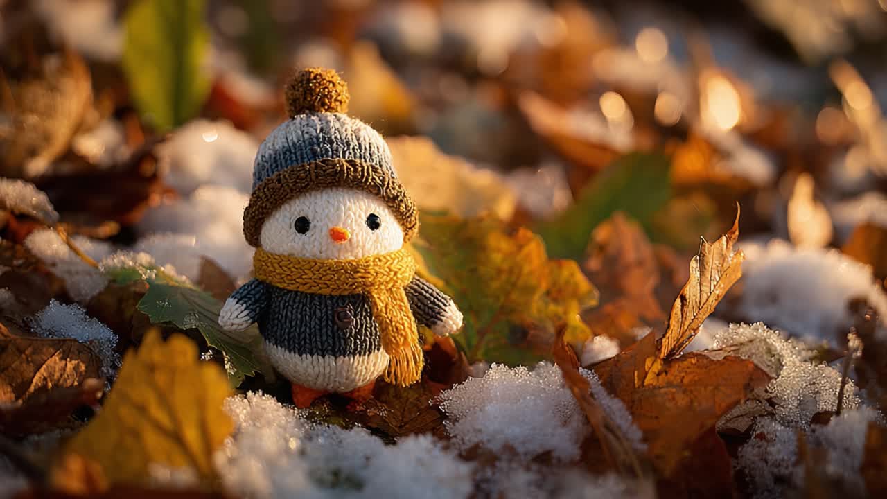 A Charming Little Hand-Knitted Penguin Dressed for Winter, Standing Among Colorful Autumn Leaves and Light Dusting of Snow, Capturing the Essence of Seasonal Change
