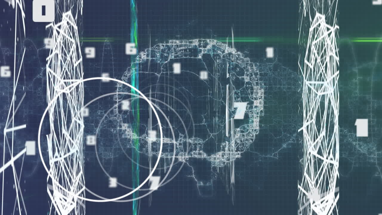 Animation of shapes, numbers and brain on dark blue background