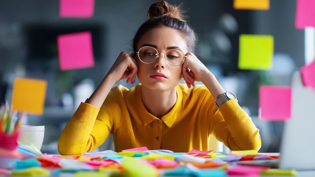 A focused young woman gazes thoughtfully through a colorful array of sticky notes while contemplating her next creative steps at a cluttered desk, surrounded by vibrant ideas and inspiration