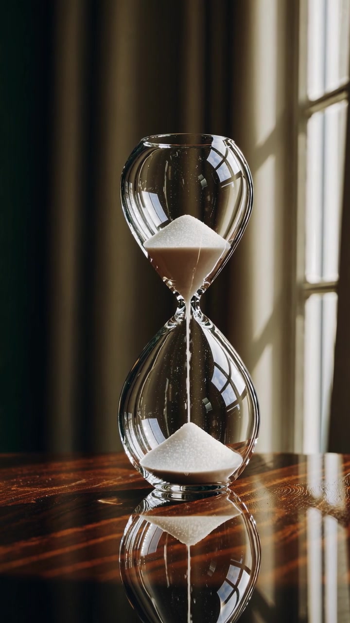 Glass Hourglass With White Sand Flowing on Wooden Table