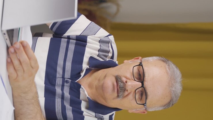 Video verticale di un anziano che lavora da casa e riceve brutte notizie dalla telecamera.