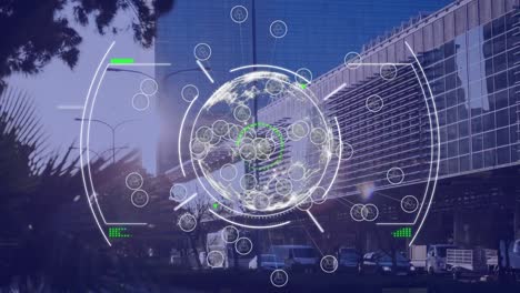 Animation-of-globe-and-scope-spinning-with-data-processing-over-cityscape