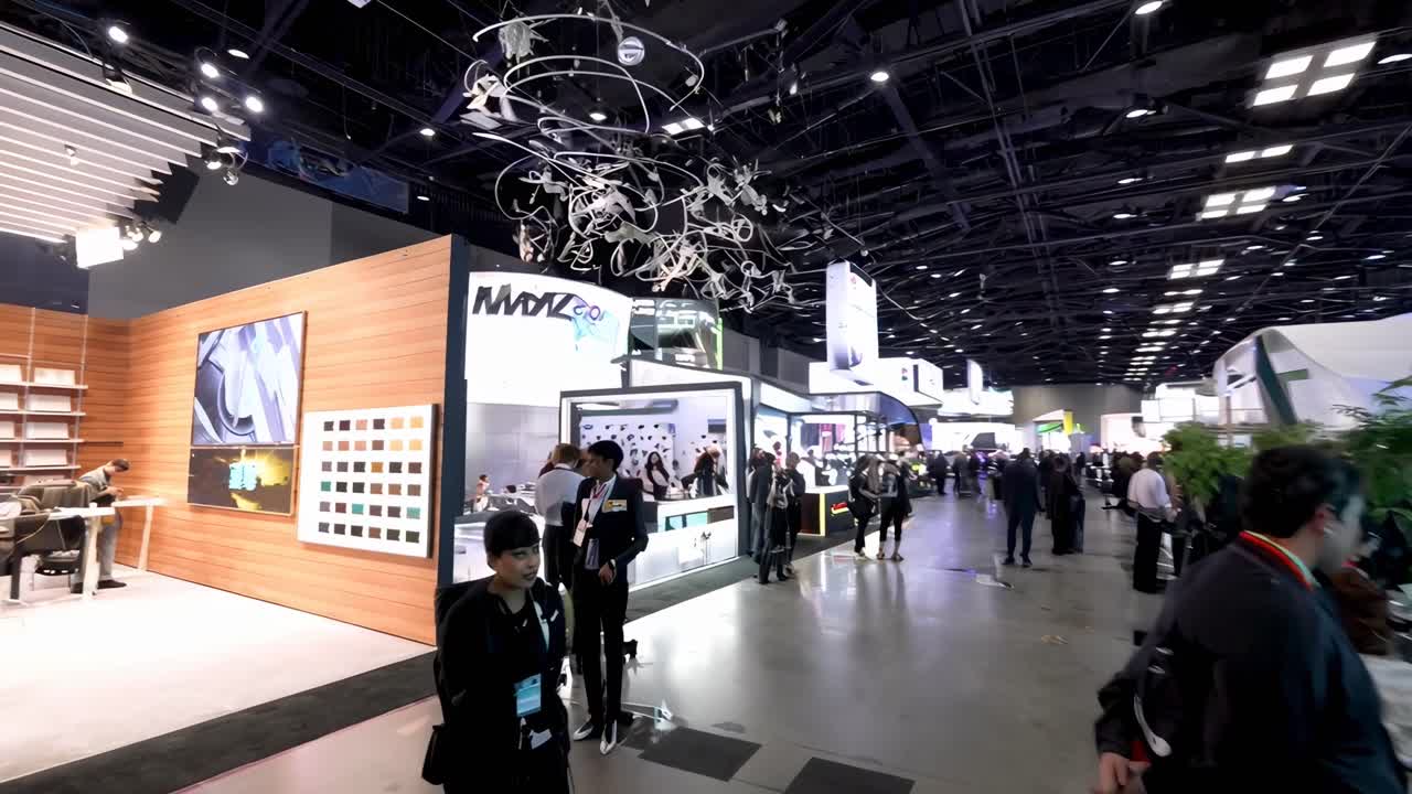 Plano grande angular de uma agitada feira de tecnologia, capturando participantes e estandes em um estilo de vídeo dinâmico