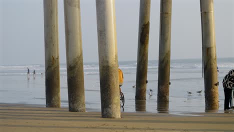 tall skinny caucasian man riding a bike, on the beach, under the pier