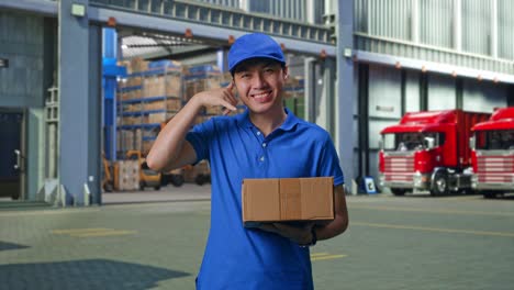 asian male courier in blue uniform showing call me gesture and smiling while delivering a carton, outside of logistics distributions warehouse