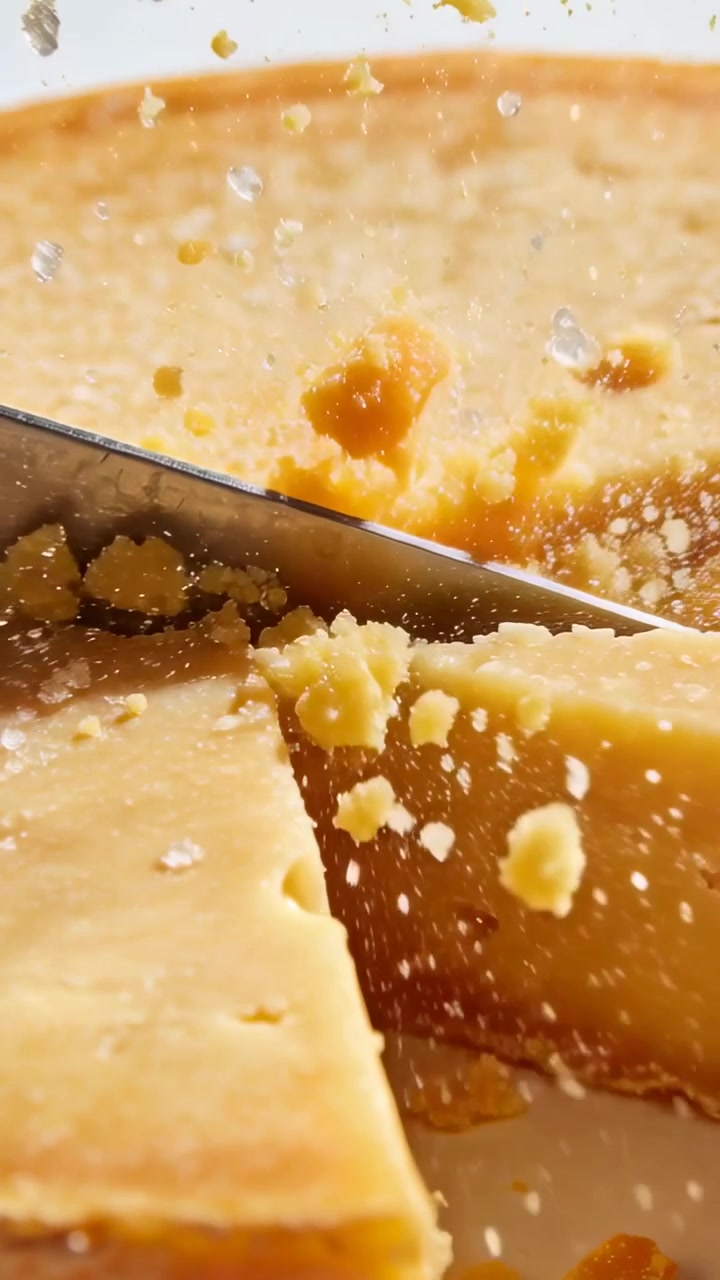 Video verticale: Coltello che preme e affetta una forma di formaggio stagionato su un piatto per tagliare una fetta, creando briciole.