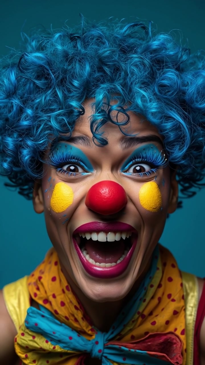 Expressive clown with curly blue hair laughing and making funny faces against a solid teal background