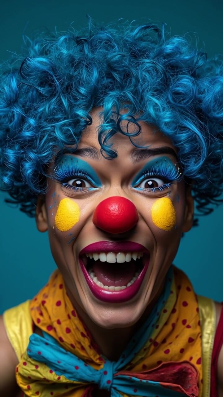 Clown espressivo con capelli ricci blu che ride e fa facce buffe su uno sfondo verde acqua uniforme.