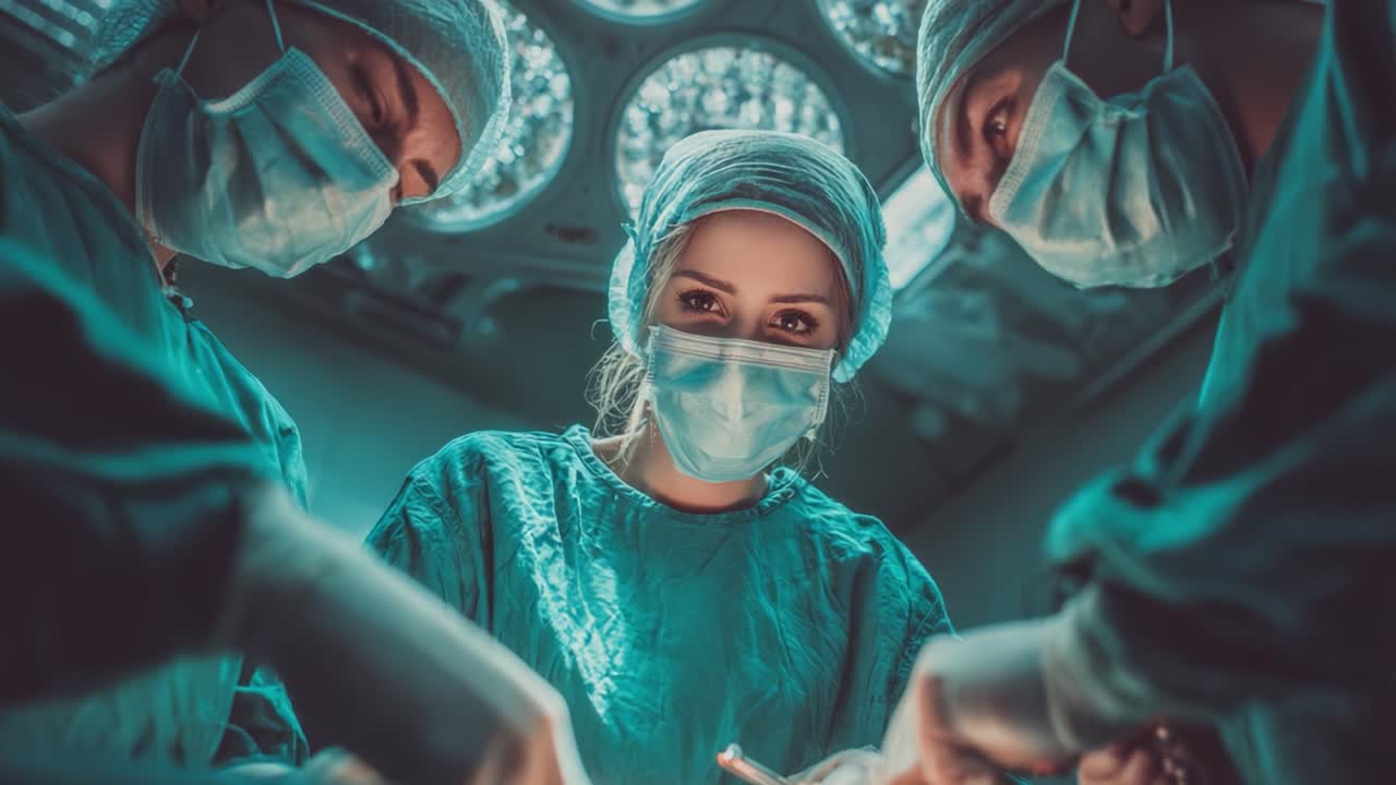 Surgeons Collaborating in an Operating Room: Focused Teamwork During a Surgical Procedure with Attention to Detail and Precision Under Bright Surgical Lights