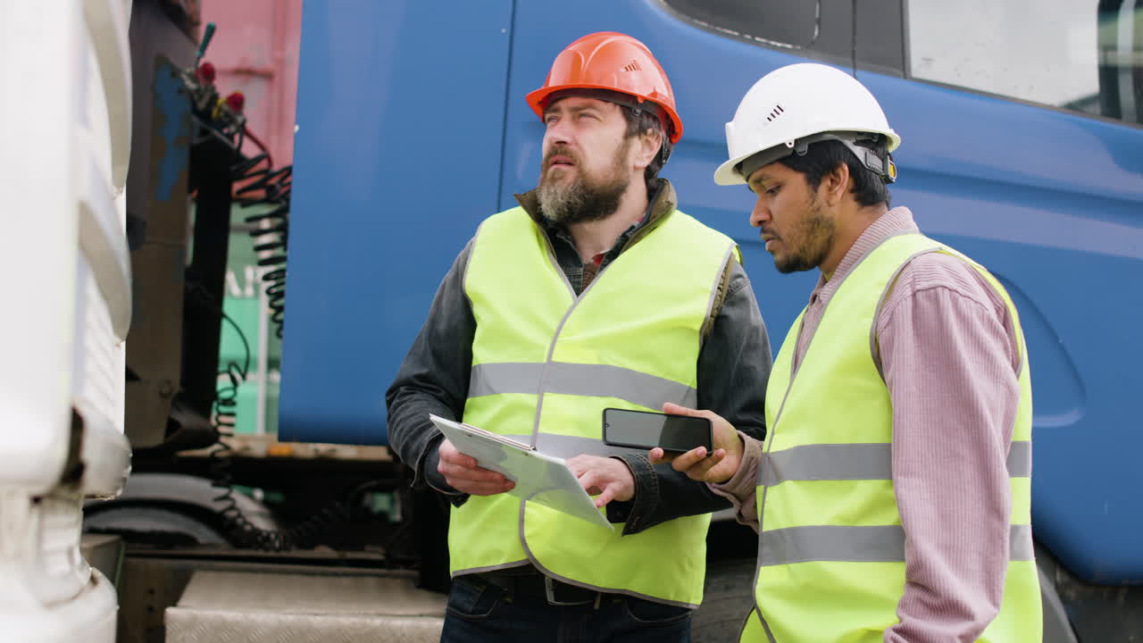 начальник и рабочий в жилетах и защитных касках организуют парк грузовиков в логистическом парке во время консультации по документу 3