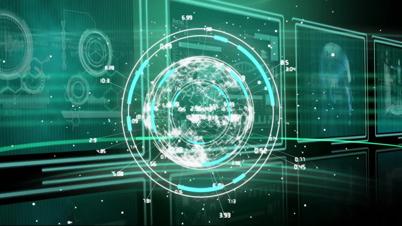 블랙 백그라운드에 화면을 통해 지구와 데이터 처리를 애니메이션