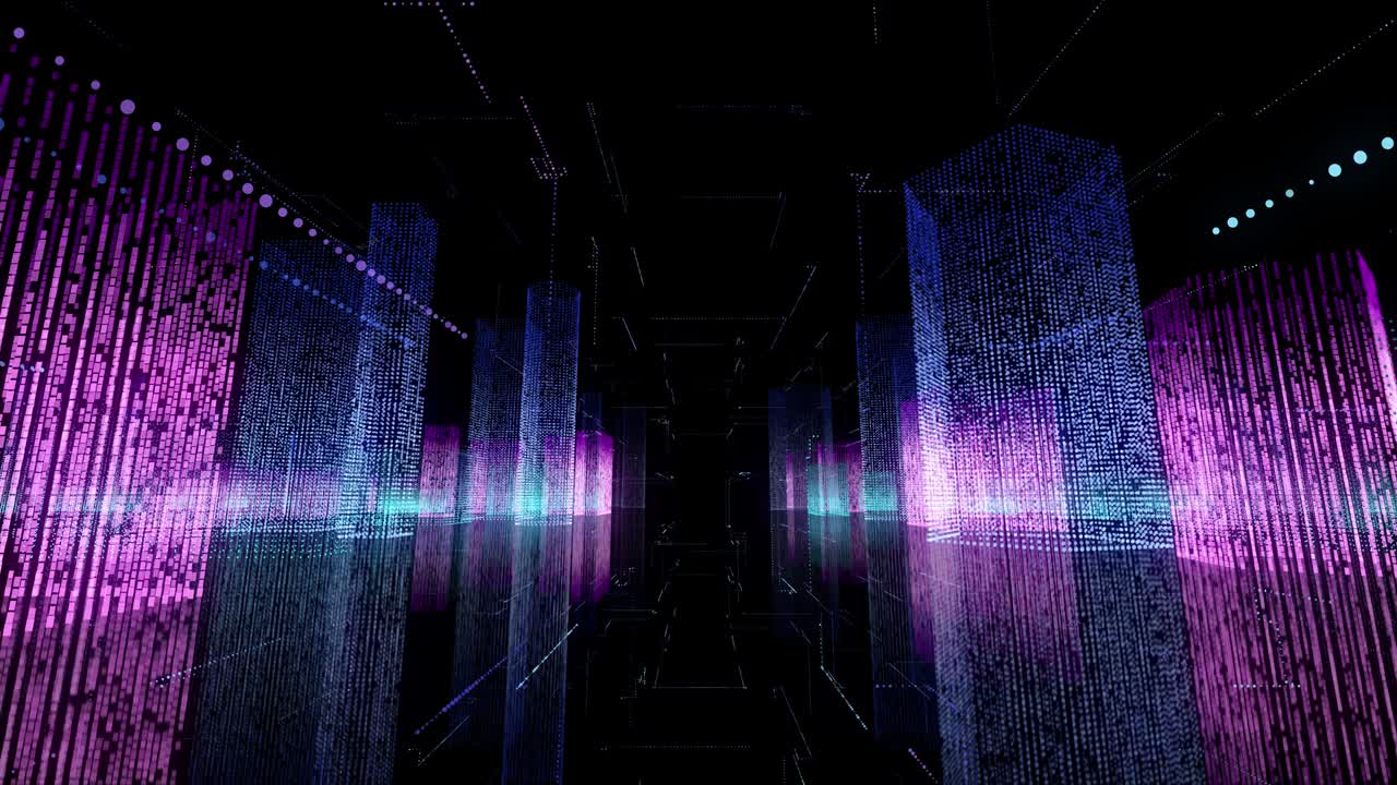 ciudad de neón con rascacielos. paisaje digital de la ciudad. video 4k sin fisuras