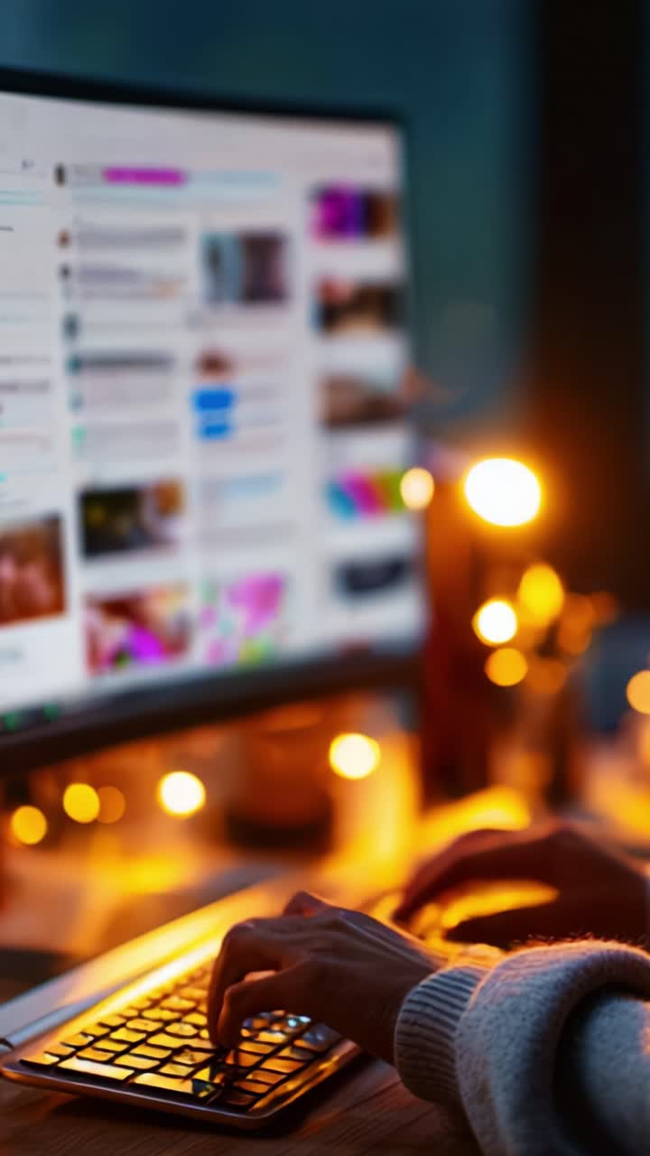 Engaging with Digital Media: A Cozy Evening of Browsing and Creativity in Ambient Light with a Computer Monitor Displaying Various Online Content