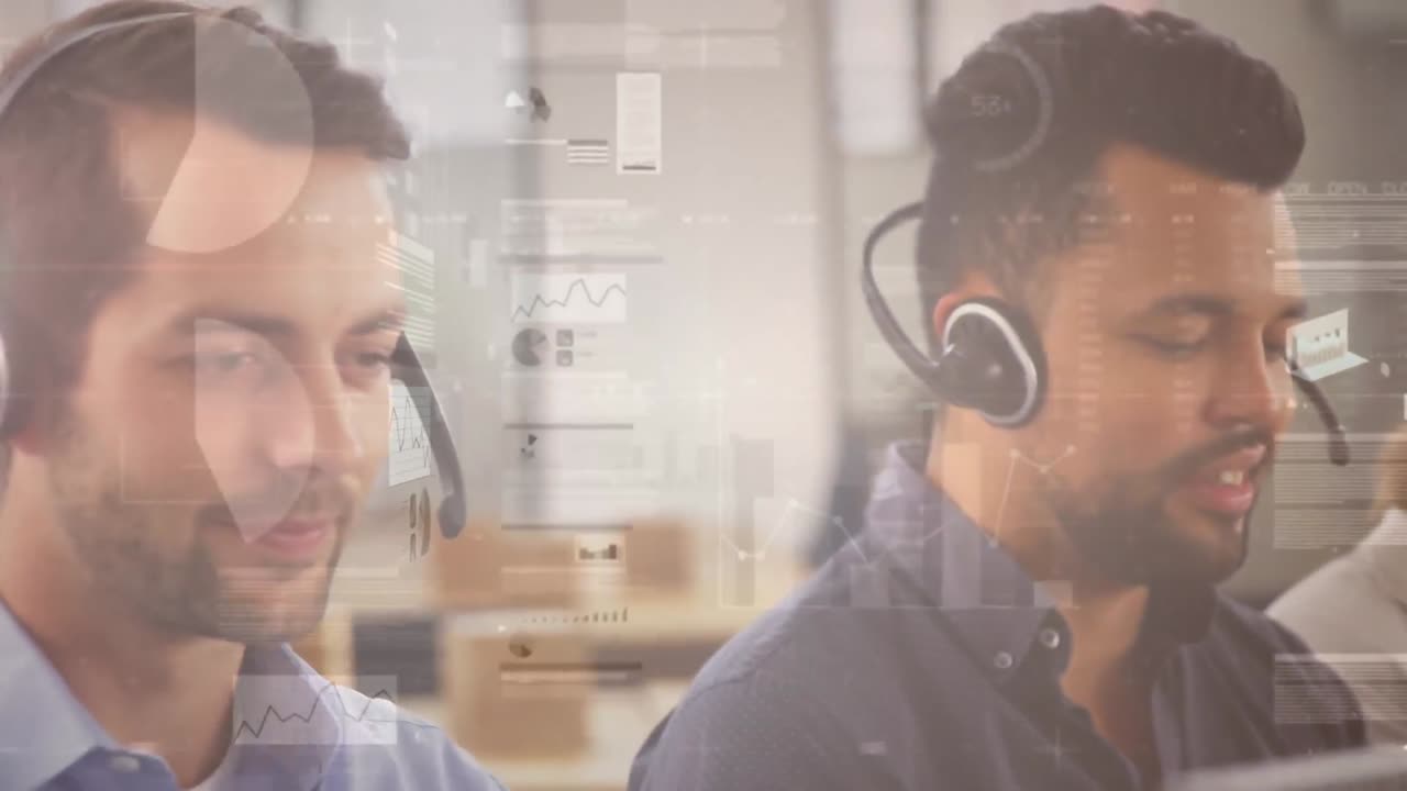 animación de estadísticas y procesamiento de datos sobre personas de negocios que llevan auriculares de teléfono