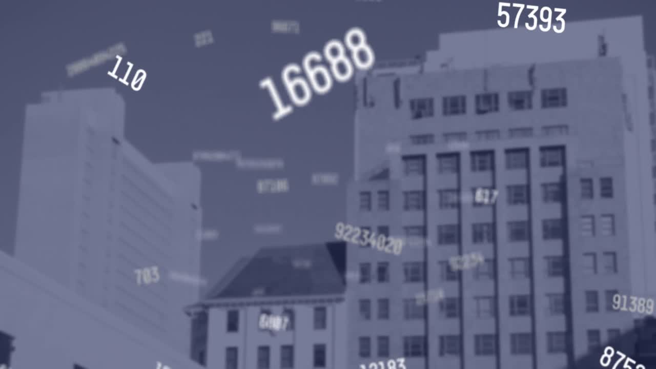 높은 건물의 공중 전망에 대항하여 여러 번 변하는 숫자의 애니메이션