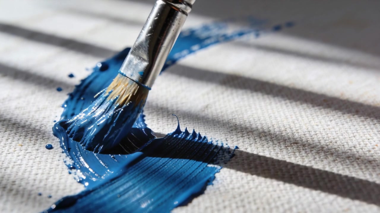 Applying flat-tipped paintbrush touching canvas, laying cobalt stroke at studio, creating texture
