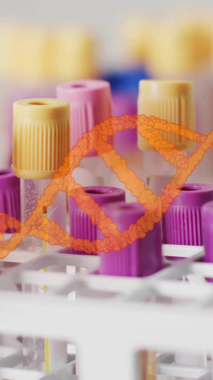Animación de cadena de ADN naranja sobre tubos de ensayo de muestras de sangre en gradilla