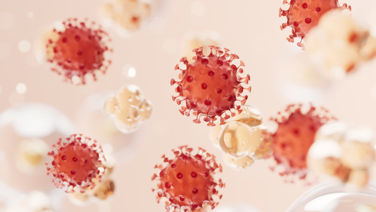 Virus trasparente con sfondo microscopico, rendering 3D