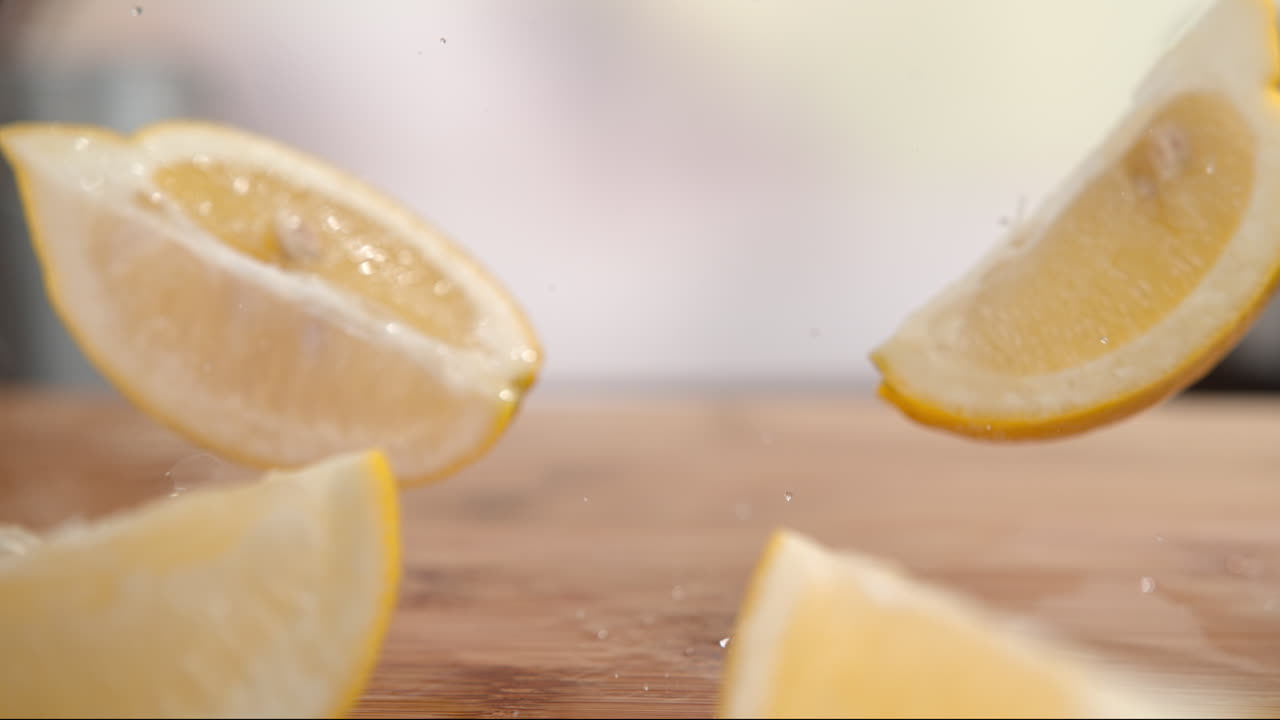 Lemon Slices Falling Onto The Wooden Kitchen Table, Bouncing And Splashing Water Droplets around in Macro and Slow Motion