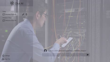 ai 로고와 대화 텍스트 채팅 아시아 남성 기술자가 서버  ⁇ 에서 일하고 있습니다.