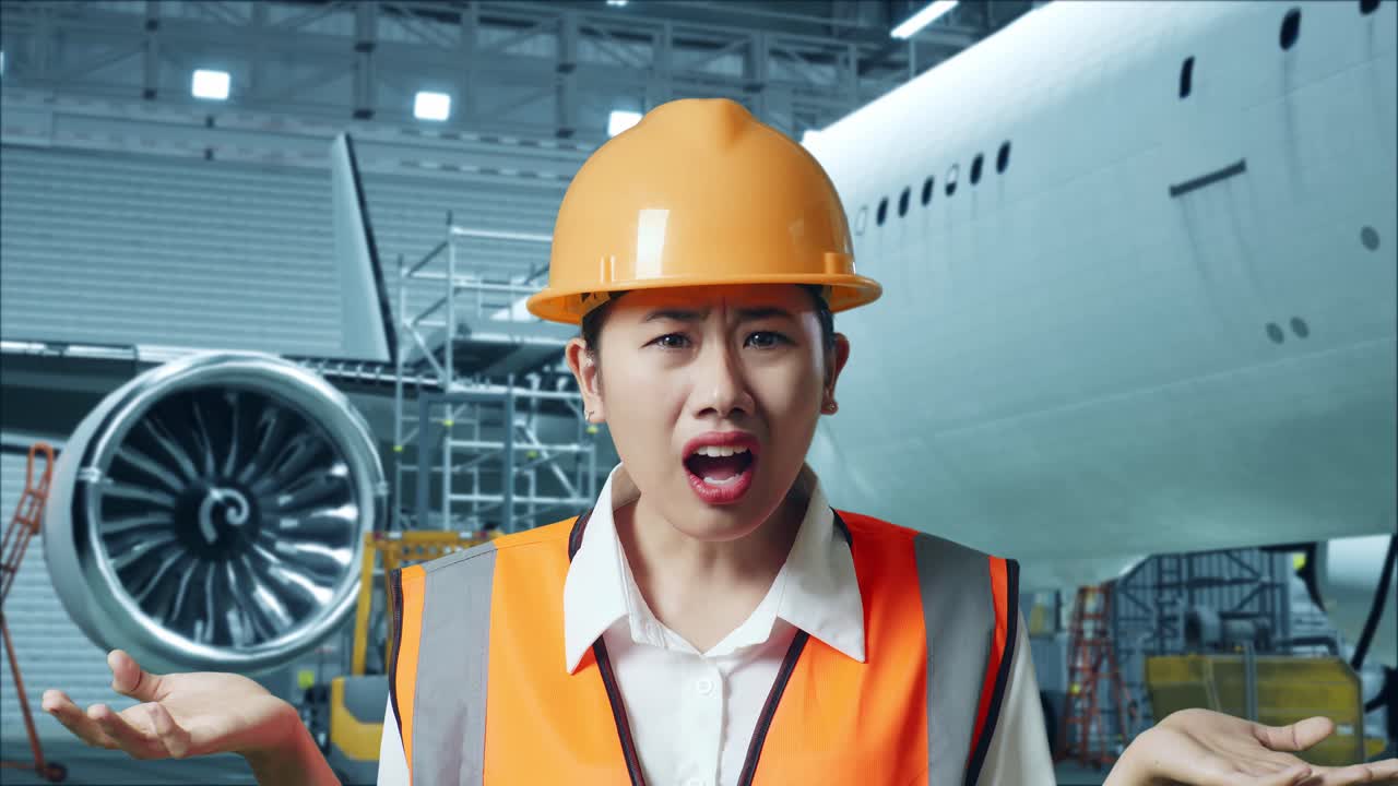 안전 헬을 입은 아시아 여성 엔지니어가 거에 있는 항공기와 함께 서서, 항공기 유지보수 중에 왜 의심스럽게 일하는지 궁금하고 말하고 있습니다.