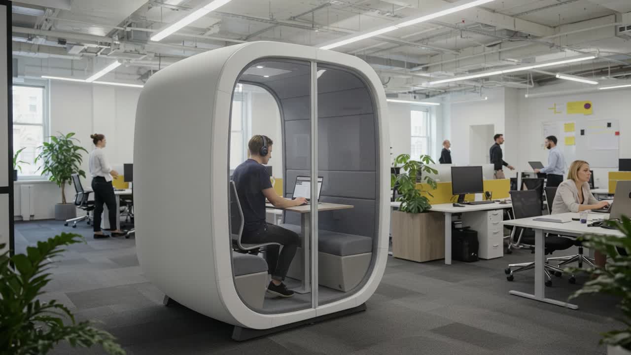 An Innovative Workspace Design Featuring a Modern Acoustic Booth for Focused Work in a Contemporary Office Setting with Collaboration Spaces and Greenery