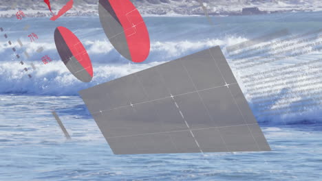 Graphs and data analysis animation over ocean waves