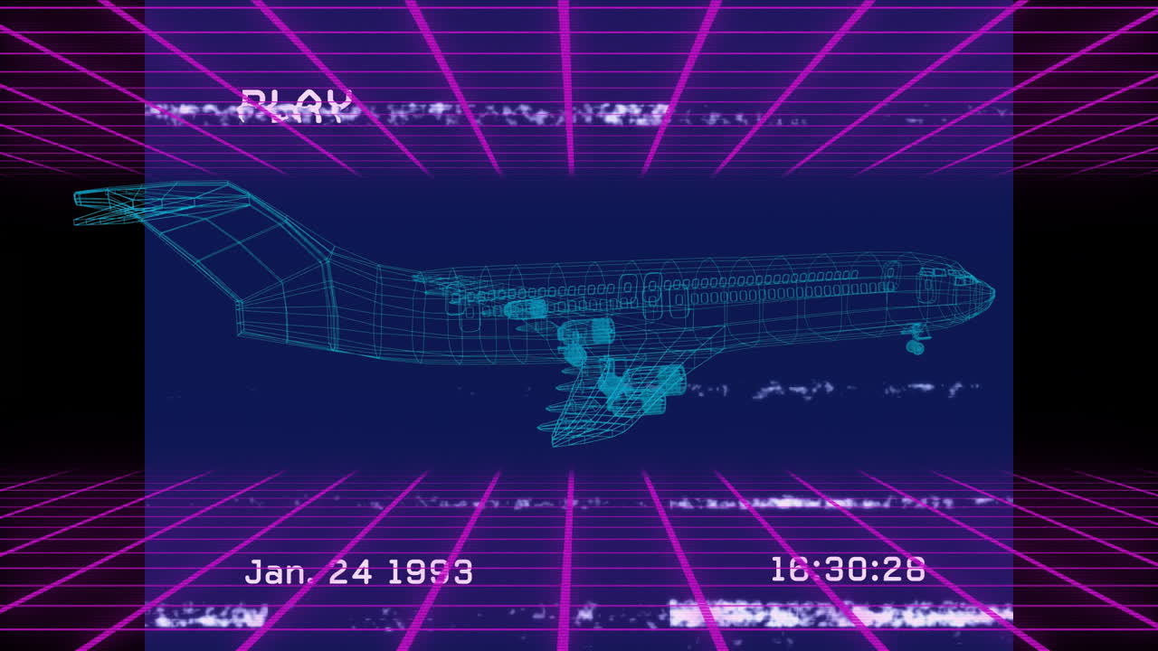 Retro wireframe airplane animation with VHS-style overlay and date stamp