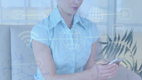 using smartphone, woman interacting with digital animation icons in school setting