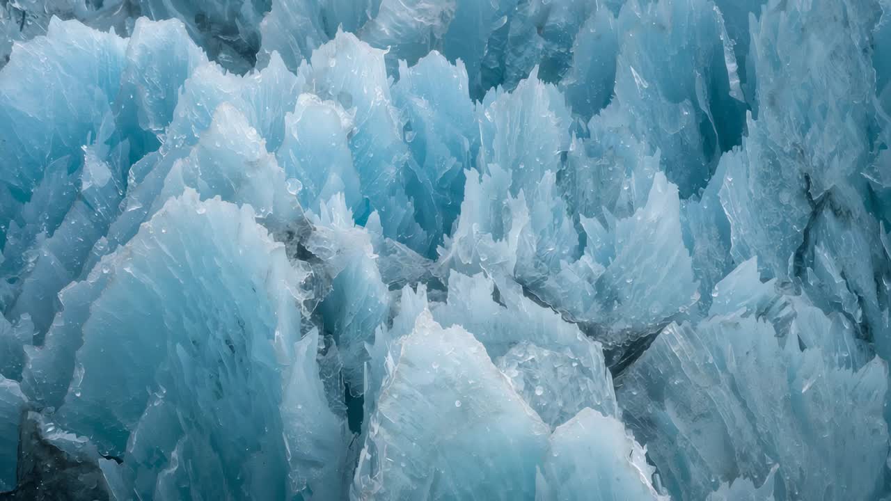 Inquadratura iniziale, panoramica della camera che rivela pinnacoli di ghiaccio blu seghettati, con gocce di scioglimento