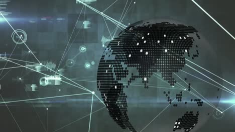 animation of globe over network of connections and data processing on black background