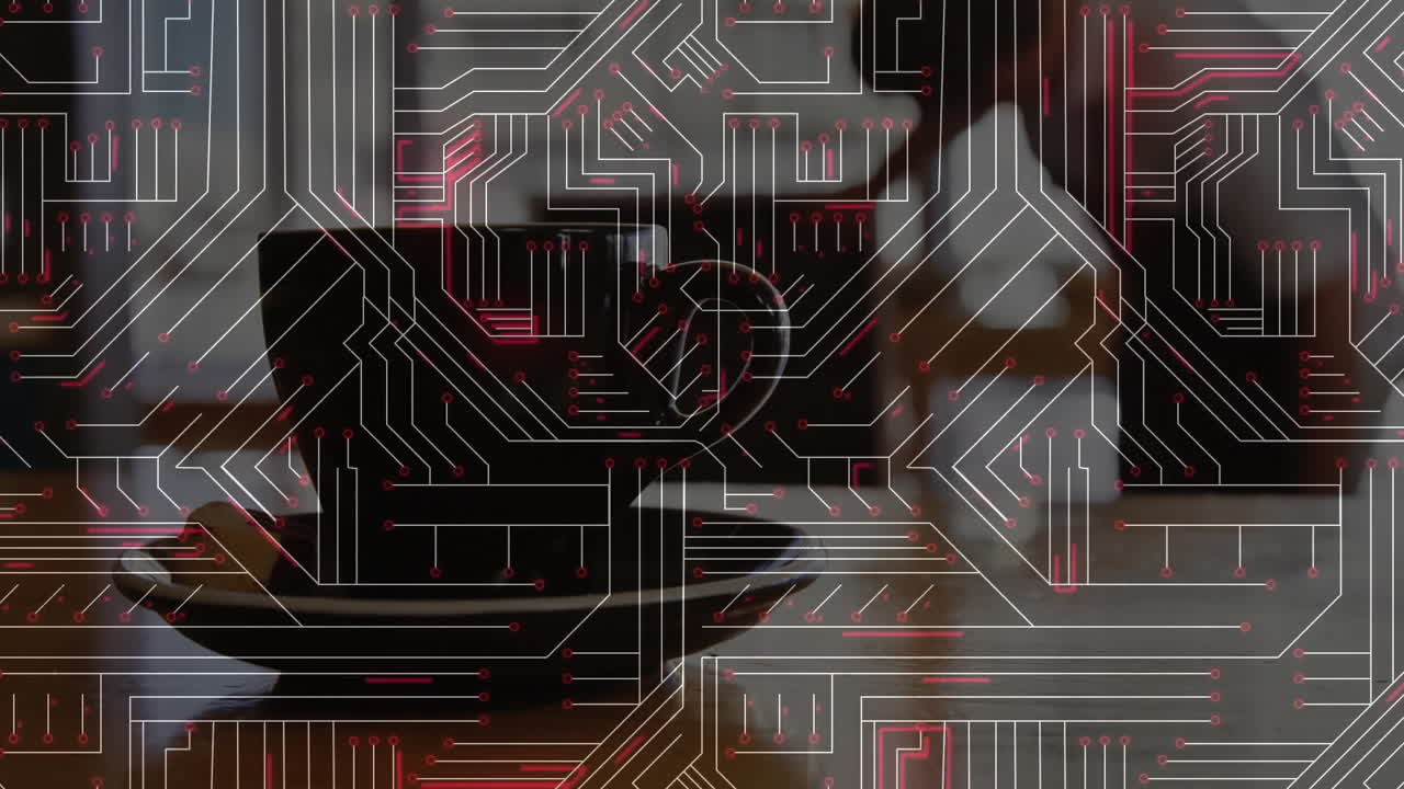 Flat design circuit board pattern merging over coffee cup on wooden table, showing tech fusion
