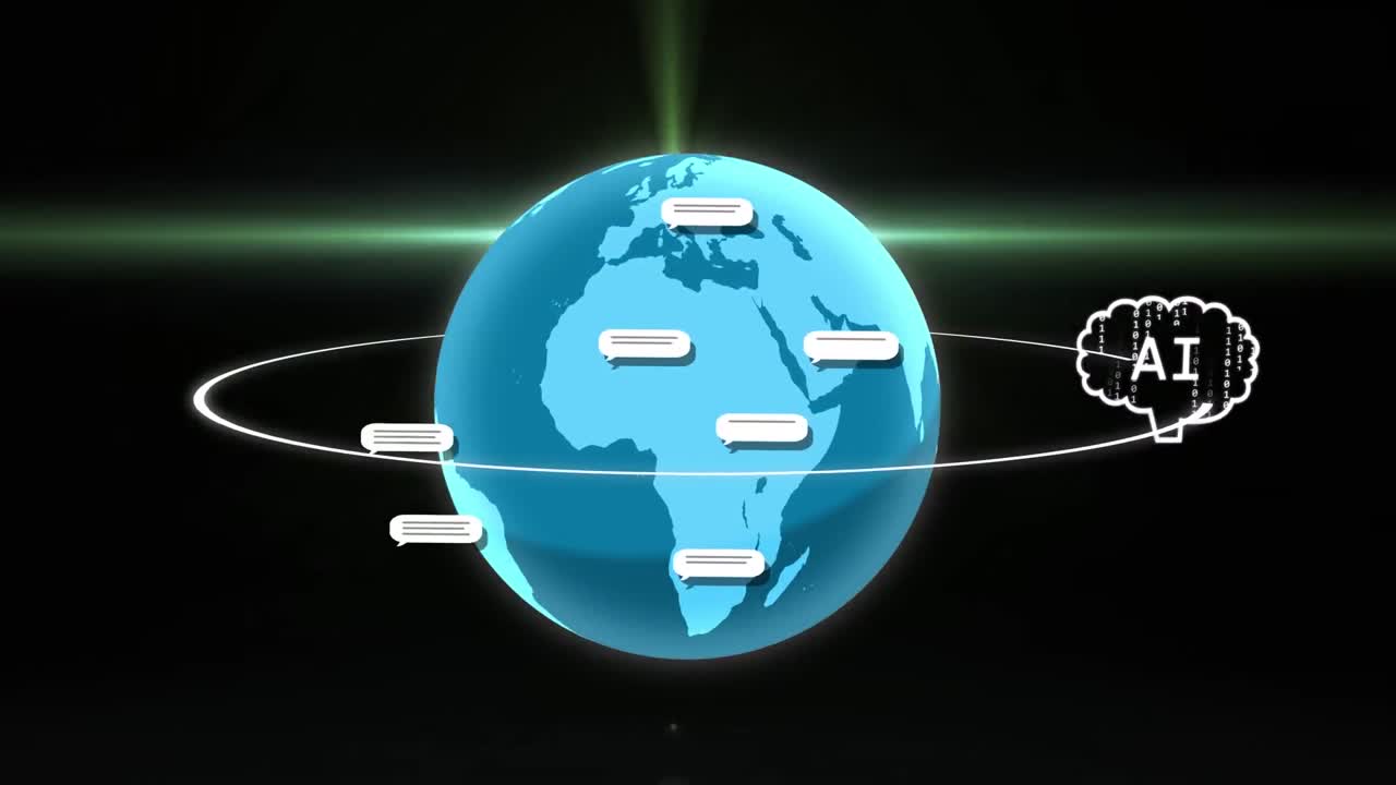 Animation of cloud with ai text revolving around globe with notification icons on black background