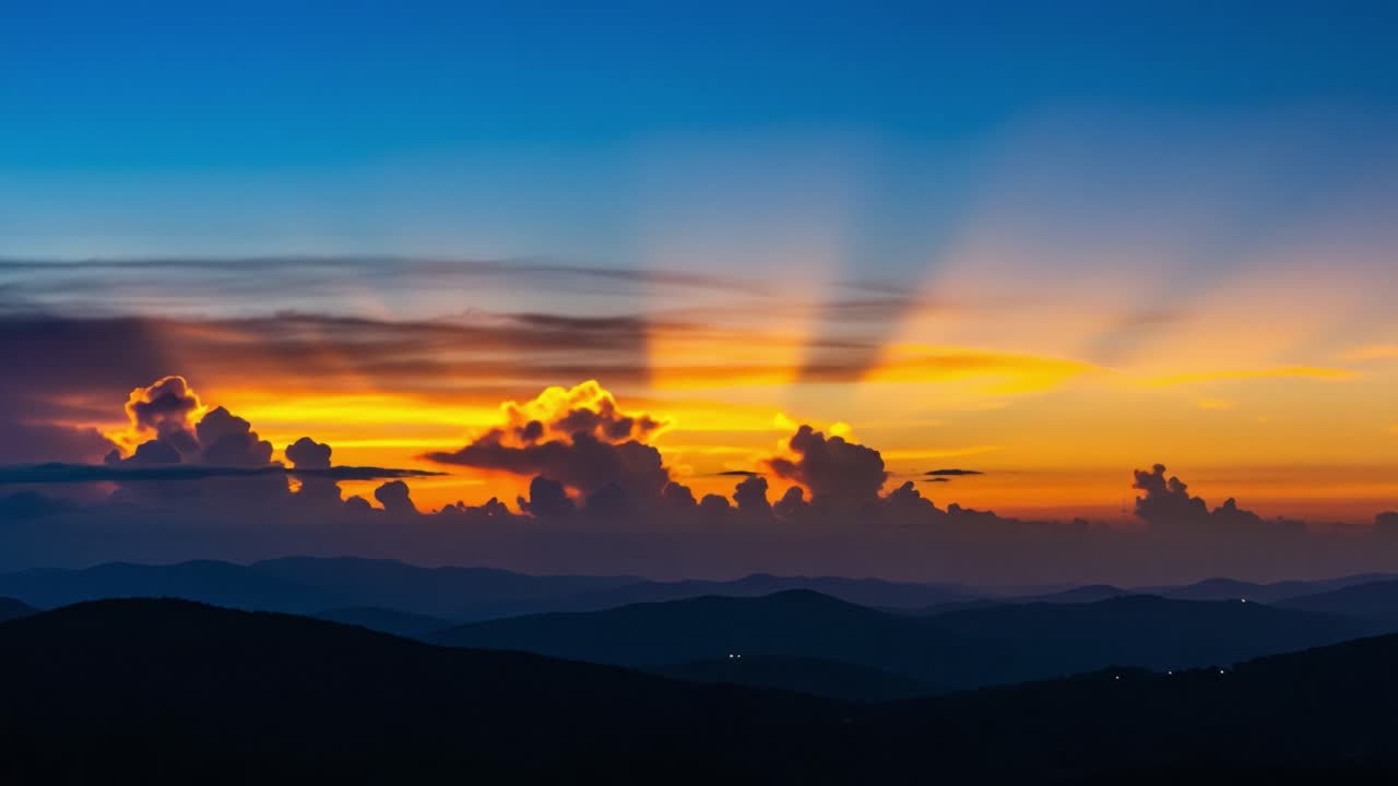A Breathtaking Transition of Day to Night: Captivating Sky with Colorful Sunset and Dramatic Cloud Formations Over Rolling Hills