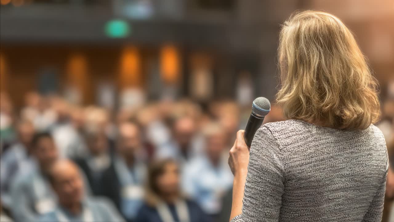 Discorso Ispiratore: Un oratore coinvolge un pubblico attento in un contesto congressuale, catturando l'essenza dell'oratoria e della comunicazione professionale