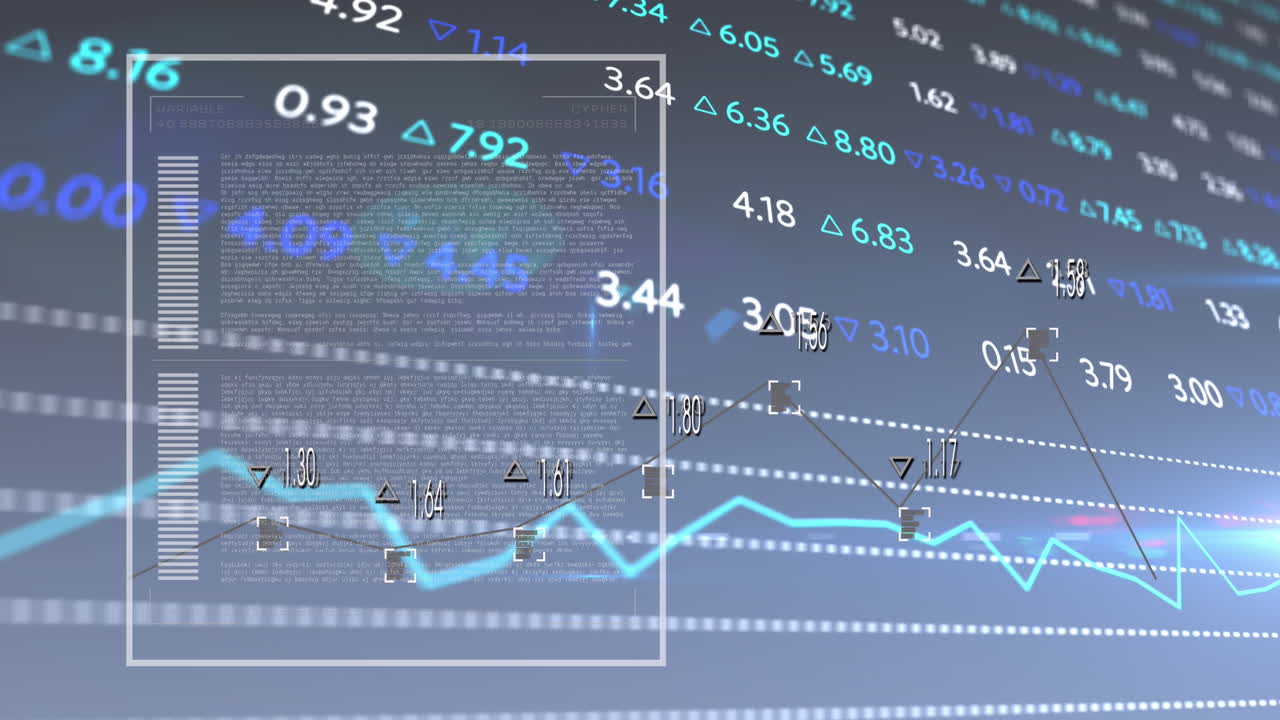 검은색 배경에 변하는 숫자와 거래 보드를 가진 여러 그래프의 애니메이션