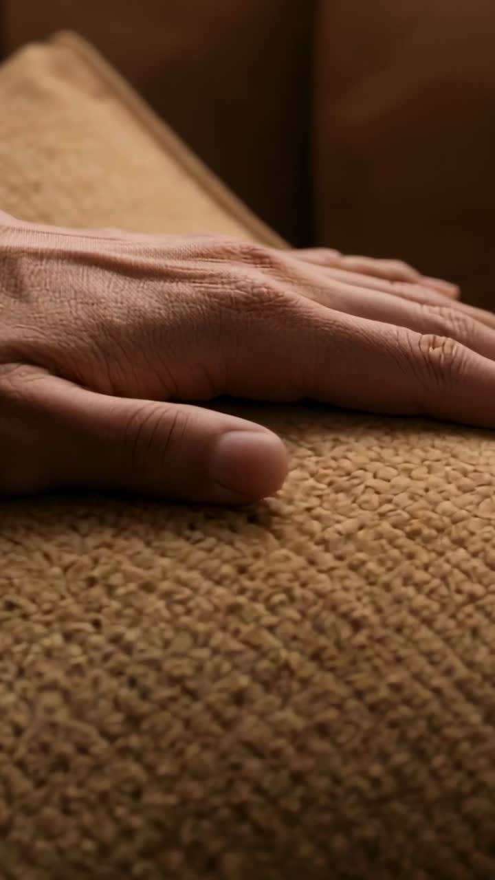 Video verticale: Una mano nuda che preme e si sposta su un cuscino color senape in soggiorno per cercare comodità.