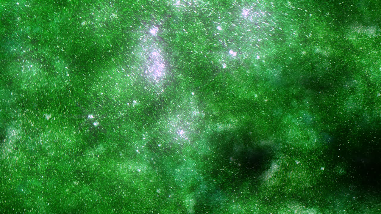 universo con estrellas voladoras con brillos y nubes verdes
