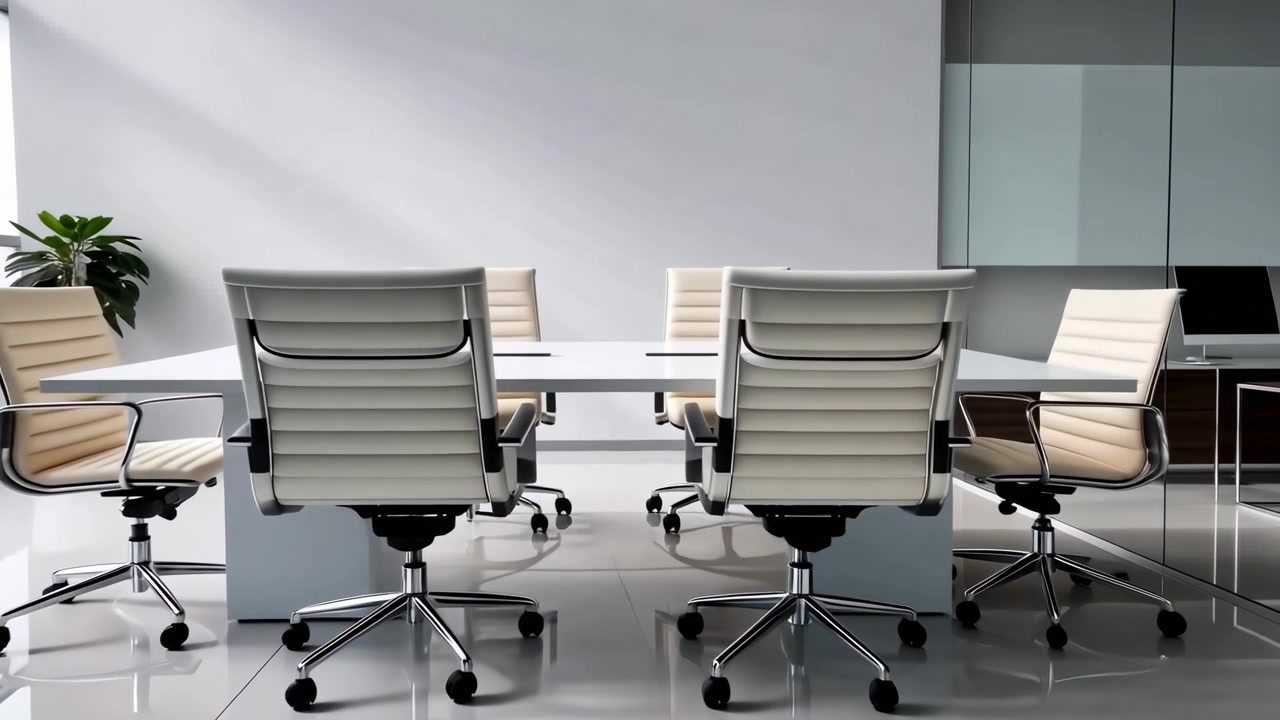 Moderna sala conferenze vuota con tavolo e sedie bianchi