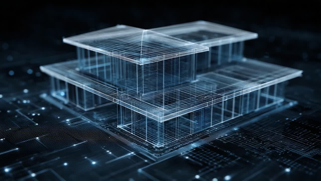 Futuristic Architectural Concept: A Transparent, Layered Structure Showcased in a Digital Landscape with Grid Patterns and Data Simulations