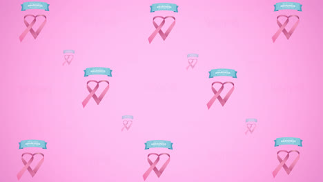 animación de logotipo de cinta rosa múltiple y texto de cáncer de mama que brilla sobre fondo rosa