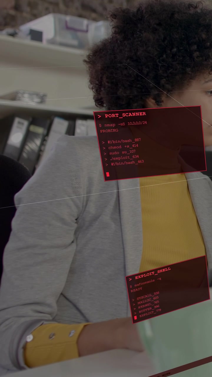 Vertical video: Woman using PC, red PORT_SCANNER panel appearing over torso updating IT scans