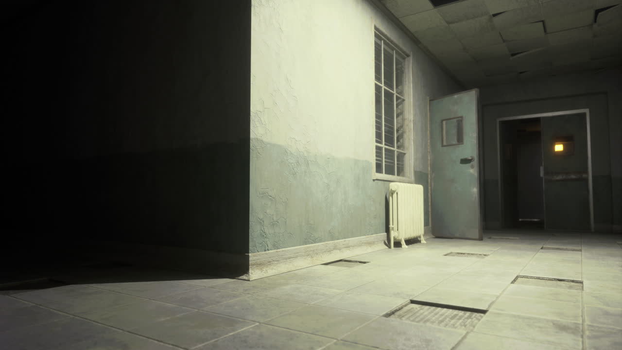 Abandoned corridor in a dimly lit old building with peeling walls